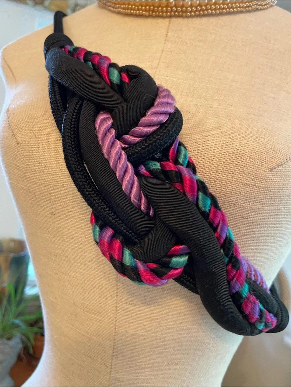 Vintage Black Belt with Pink, Purple & Teal Braided Cord Accents